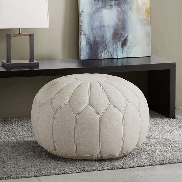 Boho Aesthetic Kelsey Modern Round Pouf Ottoman | Biophilic Design Airbnb Decor Furniture 