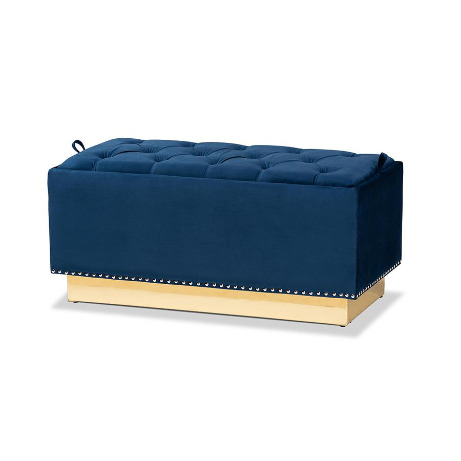 Boho Aesthetic Blue Gold Luxurious Opulent Leather Ottoman Bench | Biophilic Design Airbnb Decor Furniture 