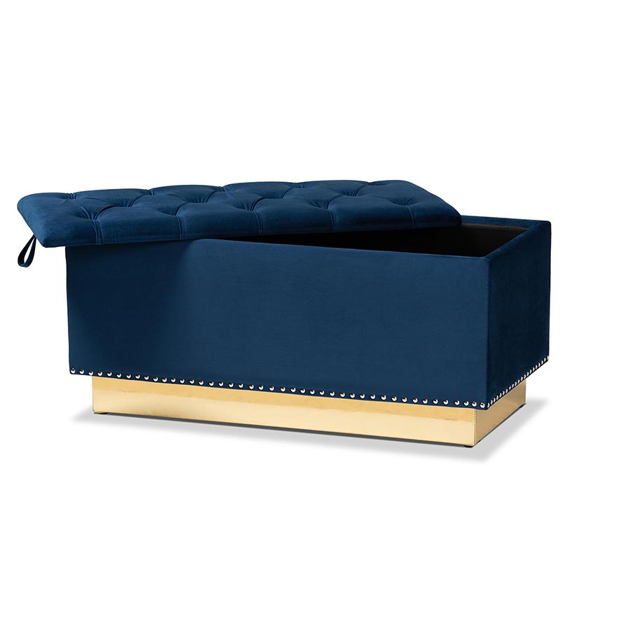 Boho Aesthetic Blue Gold Luxurious Opulent Leather Ottoman Bench | Biophilic Design Airbnb Decor Furniture 