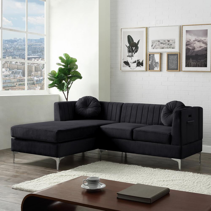 Boho Aesthetic Chloe Black Velvet Sectional Sofa Chaise with USB Charging Port | Biophilic Design Airbnb Decor Furniture 