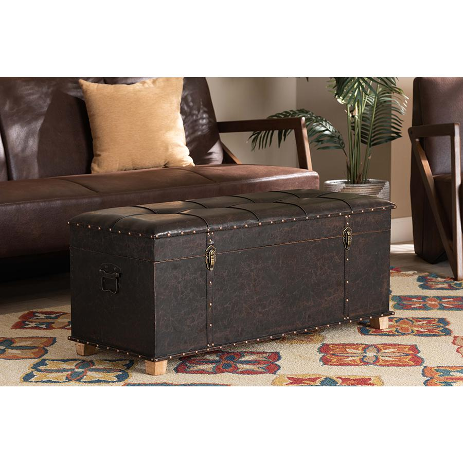 Boho Aesthetic Leather Upholstered and Oak Brown Finished Wood Storage Ottoman | Biophilic Design Airbnb Decor Furniture 