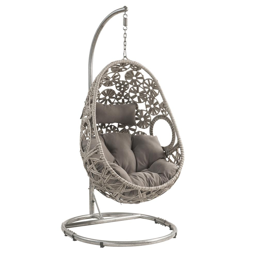 Boho Aesthetic Biophilic Design Light Gray Wicker Hanging Chair with Stand | Biophilic Design Airbnb Decor Furniture 