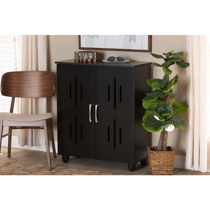 Boho Aesthetic Renley Modern and Contemporary Black Finished Wood 2-Door Shoe Storage Cabinet | Biophilic Design Airbnb Decor Furniture 