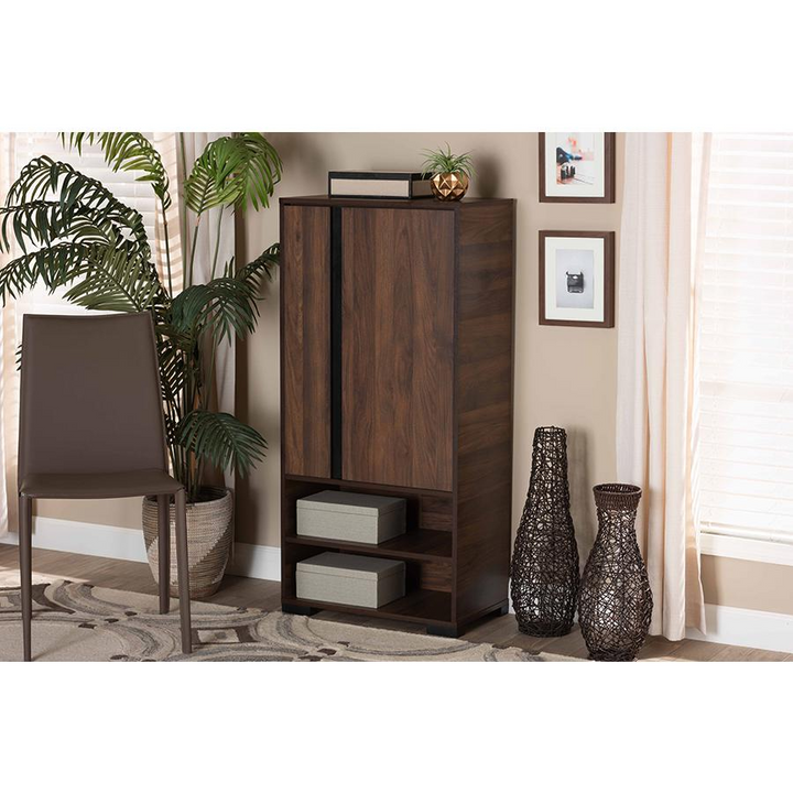 Boho Aesthetic Two-Tone Walnut Brown and Black Finished Wood 2-Door Shoe Storage Cabinet | Biophilic Design Airbnb Decor Furniture 