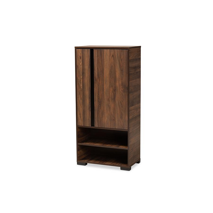 Boho Aesthetic Two-Tone Walnut Brown and Black Finished Wood 2-Door Shoe Storage Cabinet | Biophilic Design Airbnb Decor Furniture 