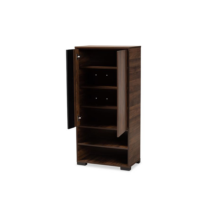 Boho Aesthetic Two-Tone Walnut Brown and Black Finished Wood 2-Door Shoe Storage Cabinet | Biophilic Design Airbnb Decor Furniture 