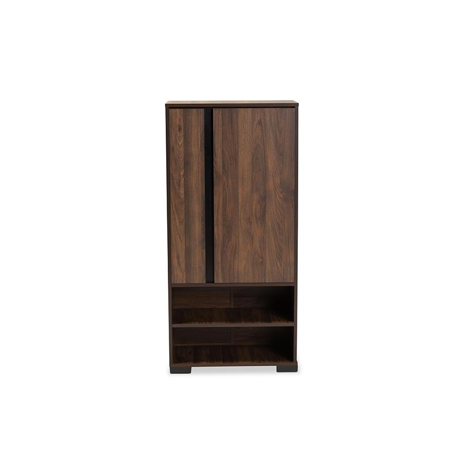 Boho Aesthetic Two-Tone Walnut Brown and Black Finished Wood 2-Door Shoe Storage Cabinet | Biophilic Design Airbnb Decor Furniture 