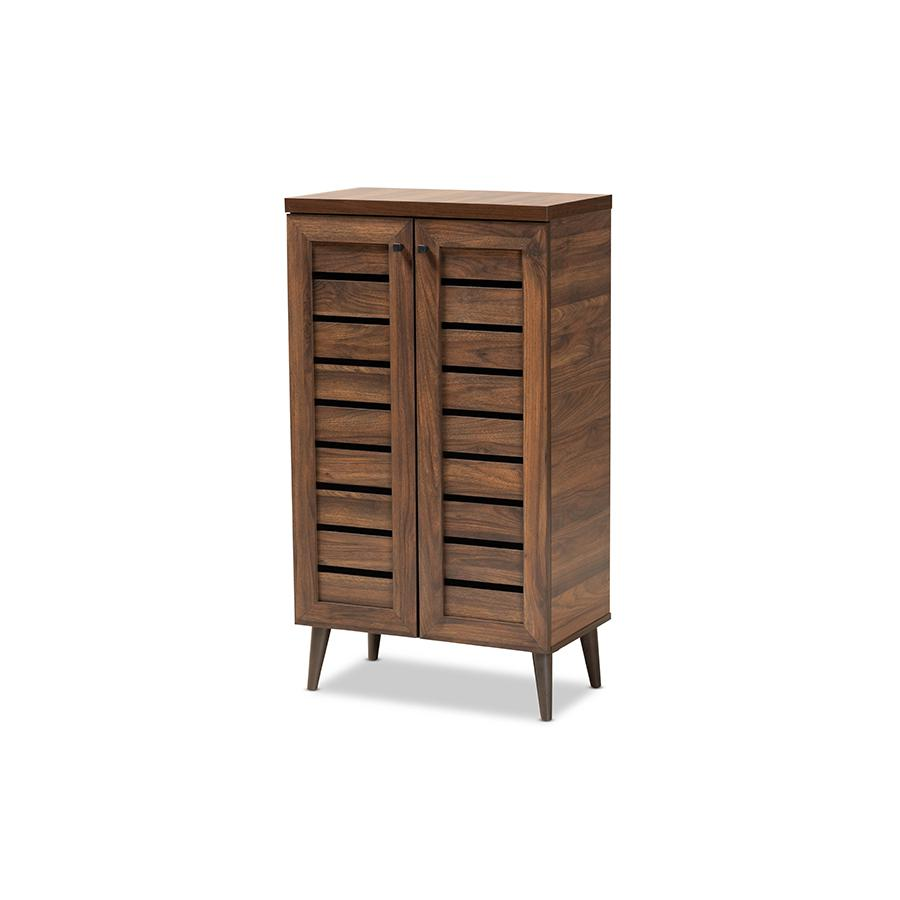 Boho Aesthetic Walnut Brown Finished Wood 2-Door Shoe Storage Cabinet | Biophilic Design Airbnb Decor Furniture 