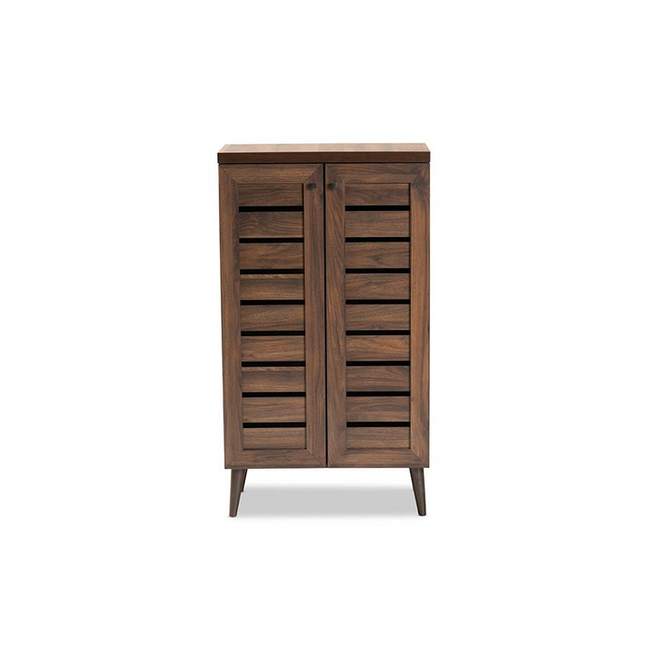 Boho Aesthetic Walnut Brown Finished Wood 2-Door Shoe Storage Cabinet | Biophilic Design Airbnb Decor Furniture 