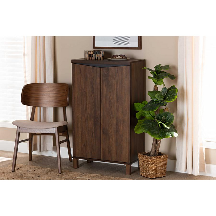 Boho Aesthetic Two-Tone Walnut Brown and Dark Grey Finished Wood 2-Door Shoe Storage Cabinet | Biophilic Design Airbnb Decor Furniture 