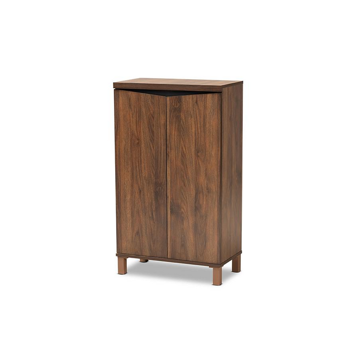 Boho Aesthetic Two-Tone Walnut Brown and Dark Grey Finished Wood 2-Door Shoe Storage Cabinet | Biophilic Design Airbnb Decor Furniture 