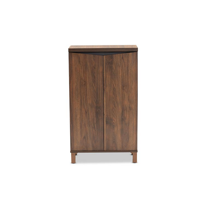 Boho Aesthetic Two-Tone Walnut Brown and Dark Grey Finished Wood 2-Door Shoe Storage Cabinet | Biophilic Design Airbnb Decor Furniture 