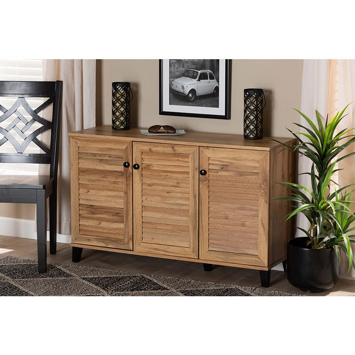 Boho Aesthetic Oak Brown Finished Wood 3-Door Shoe Storage Cabinet | Biophilic Design Airbnb Decor Furniture 