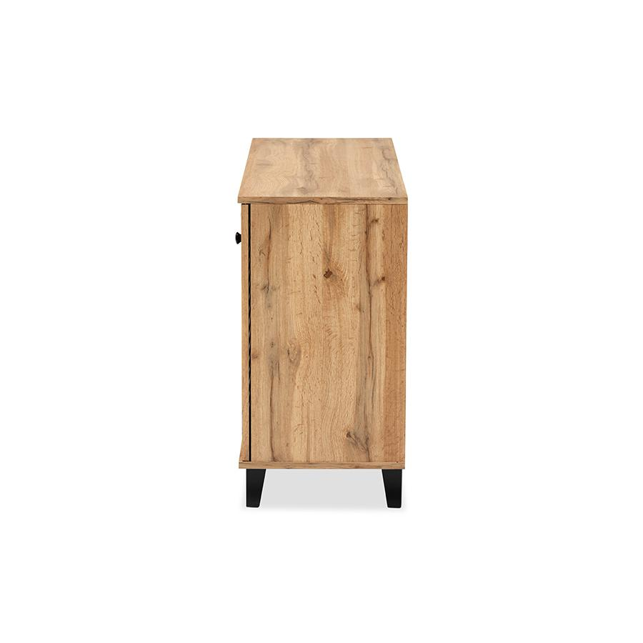 Boho Aesthetic Oak Brown Finished Wood 3-Door Shoe Storage Cabinet | Biophilic Design Airbnb Decor Furniture 