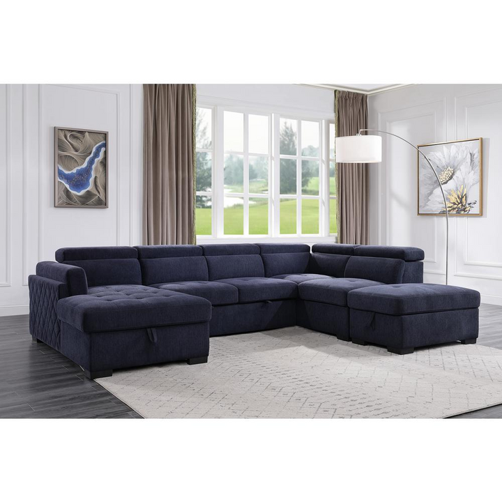 Boho Aesthetic Modern Navy Blue Upholstery Storage Sleeper Sectional Sofa and Ottoman | Biophilic Design Airbnb Decor Furniture 