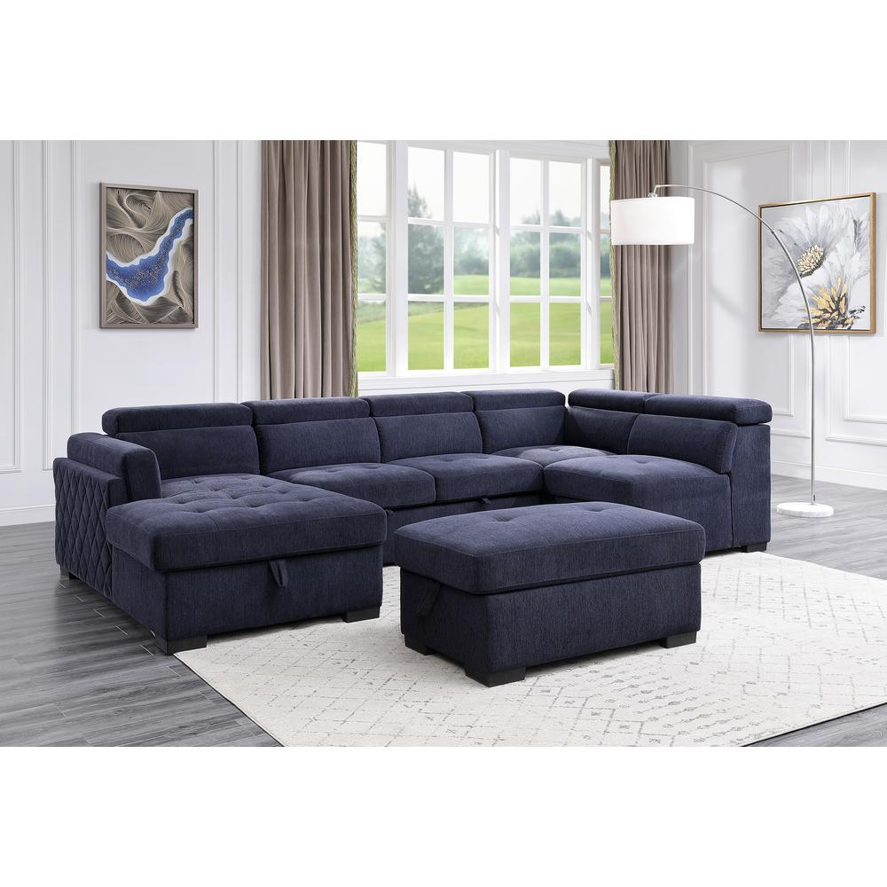 Boho Aesthetic Modern Navy Blue Upholstery Storage Sleeper Sectional Sofa and Ottoman | Biophilic Design Airbnb Decor Furniture 