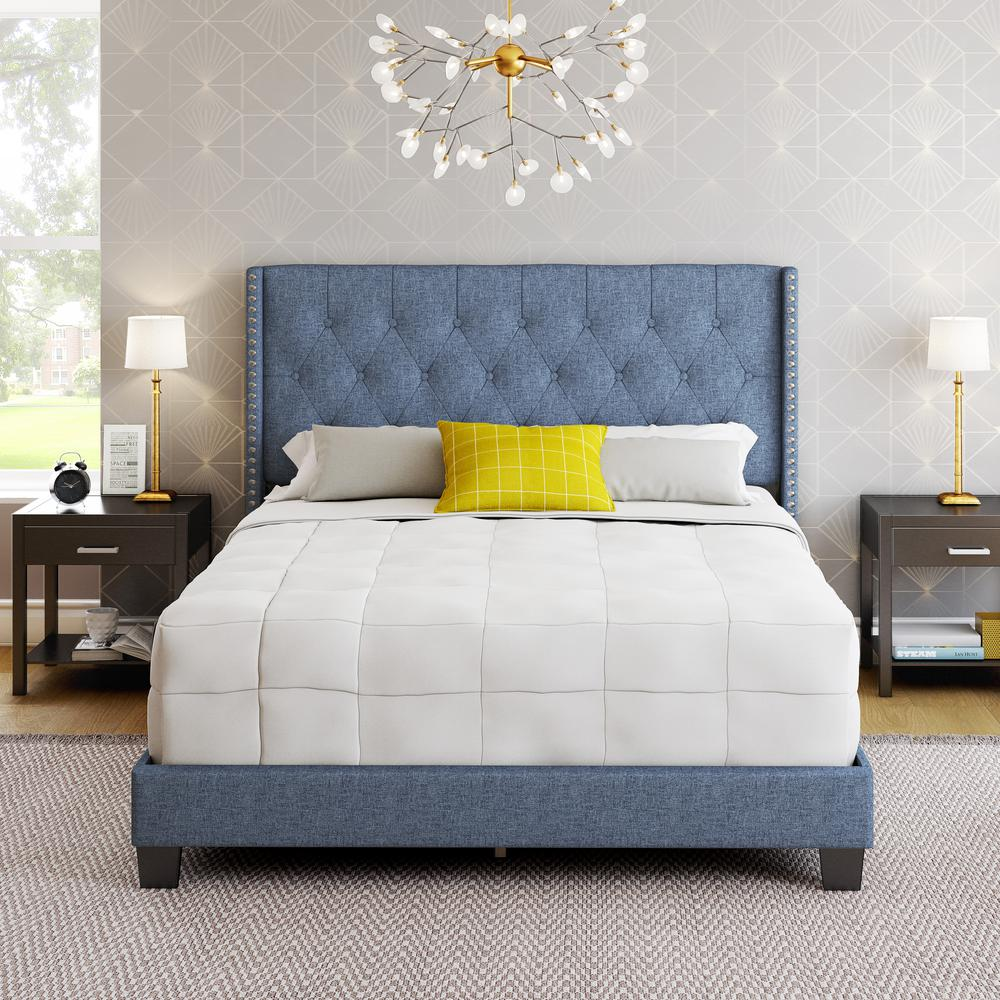 Boho Aesthetic La Mia | Queen Sized Linen Panel Upholstered Platform Bed Frame | Biophilic Design Airbnb Decor Furniture 