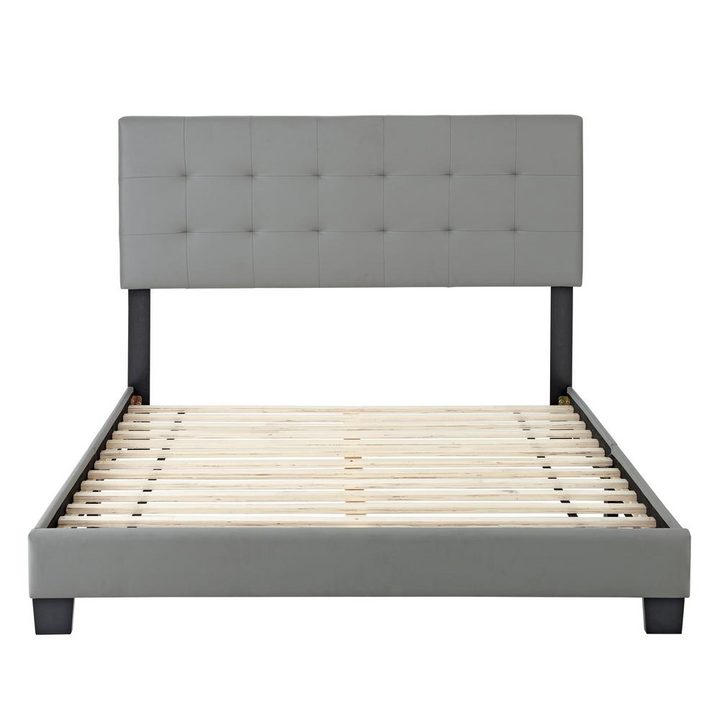 Boho Aesthetic Windbreak | Faux Leather Platform Bed Frame with Bonus Base Wooden Slat System, Queen, Gray | Biophilic Design Airbnb Decor Furniture 