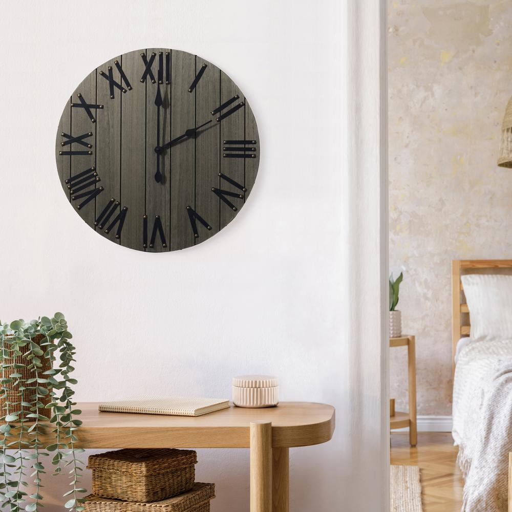 Boho Aesthetic Handsome 21" Rustic Farmhouse Wood Wall Clock, Rustic Gray | Biophilic Design Airbnb Decor Furniture 