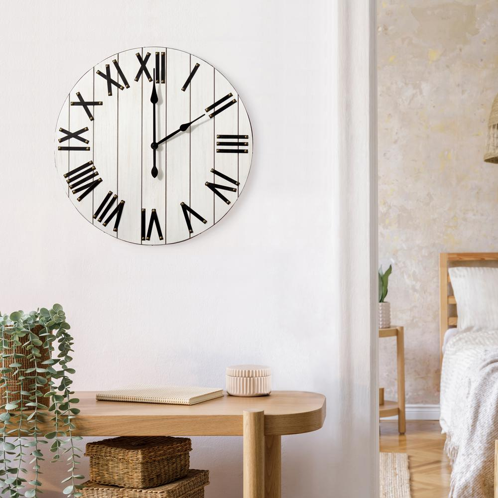 Boho Aesthetic Handsome 21" Rustic Farmhouse Wood Wall Clock, White Wash | Biophilic Design Airbnb Decor Furniture 