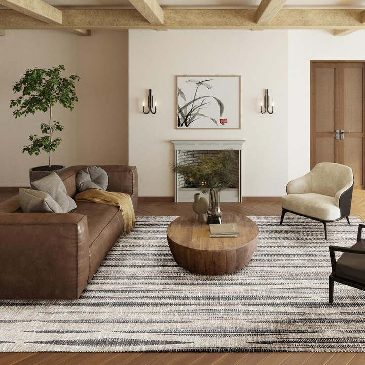 Boho Aesthetic Large Modern Beige Contemporary Striped 8' x 10' Area Rug | Biophilic Design Airbnb Decor Furniture 