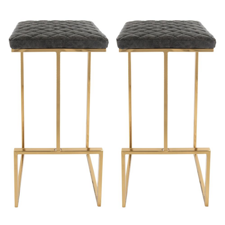 Boho Aesthetic LeisureMod Quincy Leather Bar Stools With Gold Metal Frame Set of 2 Grey | Biophilic Design Airbnb Decor Furniture 