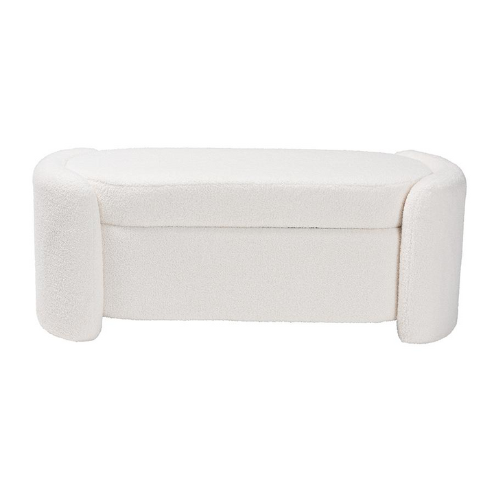 Boho Aesthetic Oakes Modern and Contemporary Ivory Boucle Upholstered Storage Bench | Biophilic Design Airbnb Decor Furniture 