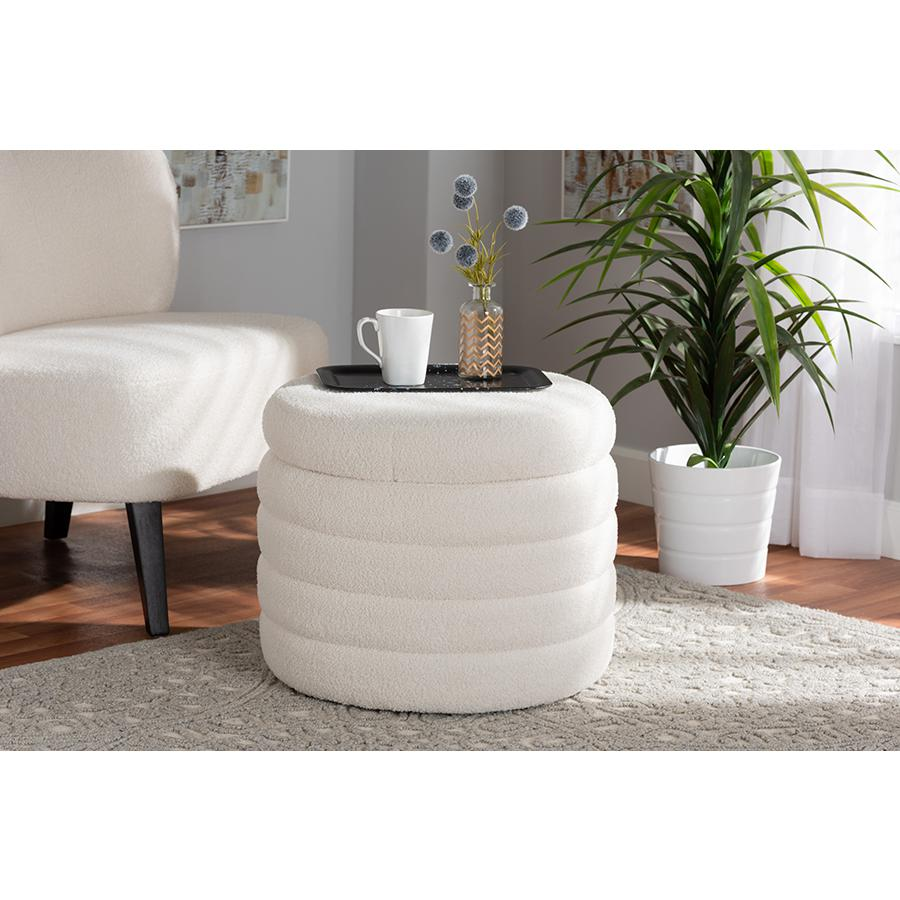 Boho Aesthetic Tabitha Modern and Contemporary Ivory Boucle Upholstered Storage Ottoman | Biophilic Design Airbnb Decor Furniture 