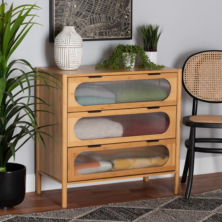 Boho Aesthetic Transitional Natural Brown Bamboo Wood 3-Drawer Storage Cabinet | Biophilic Design Airbnb Decor Furniture 