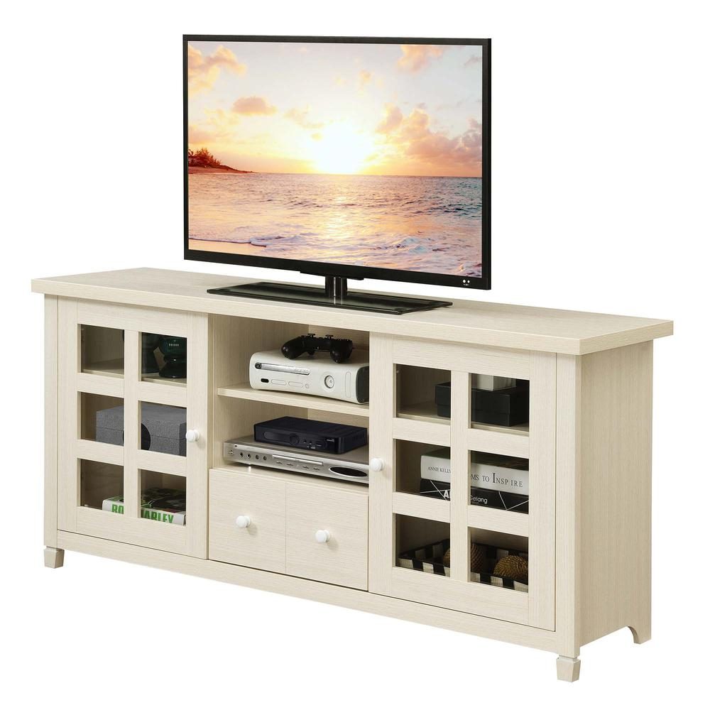 Boho Aesthetic Newport Park Lane 1 Drawer TV Stand with Storage Cabinets and Shelves for TVs up to 65 Inches, White | Biophilic Design Airbnb Decor Furniture 