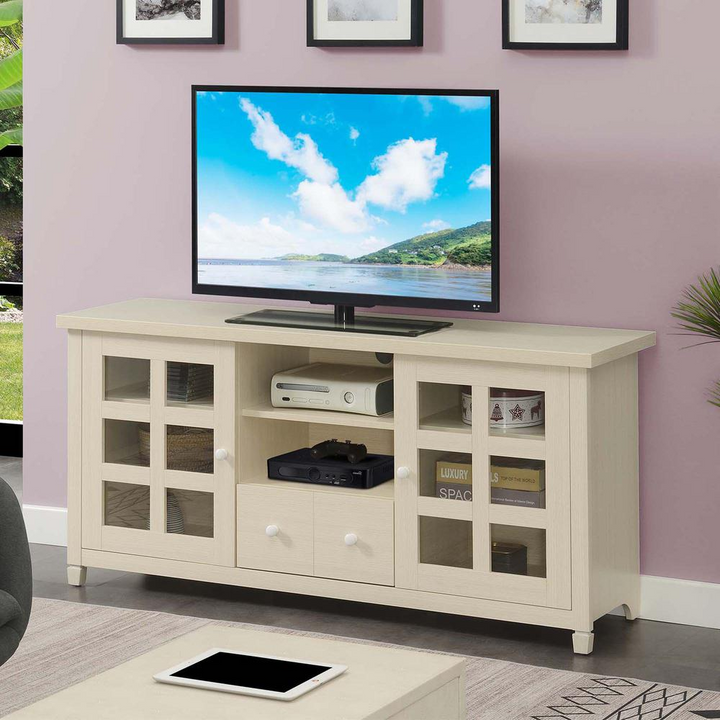 Boho Aesthetic Newport Park Lane 1 Drawer TV Stand with Storage Cabinets and Shelves for TVs up to 65 Inches, White | Biophilic Design Airbnb Decor Furniture 