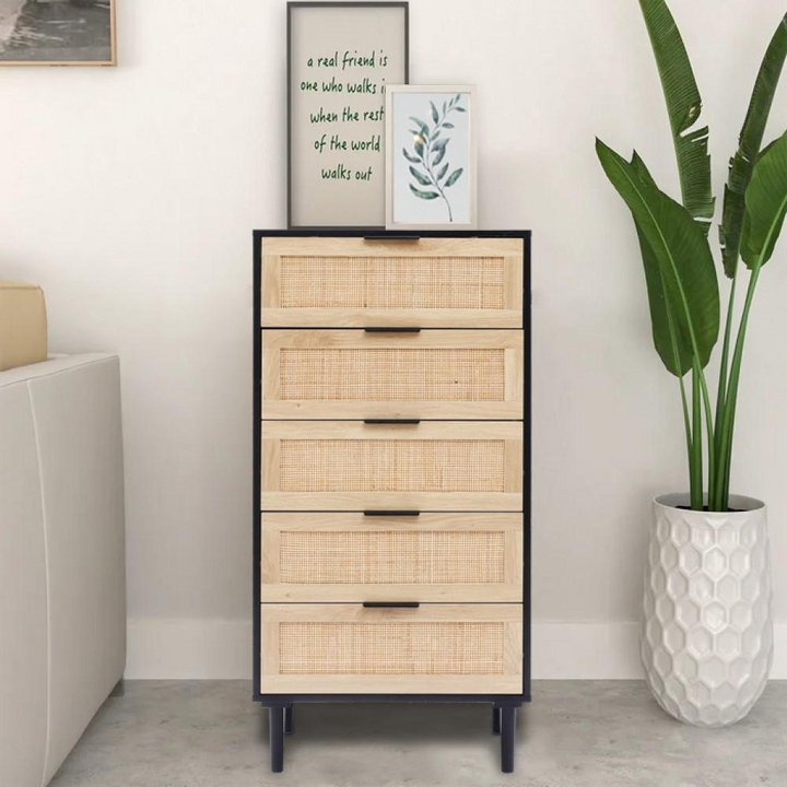 Boho Aesthetic Black and Brown Eco Wood 5-Drawer Chest | Biophilic Design Airbnb Decor Furniture 