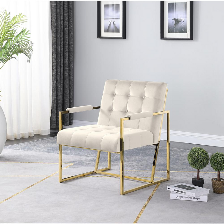 Boho Aesthetic Luxor Beige Velvet Modern Accent Chair in Gold | Biophilic Design Airbnb Decor Furniture 
