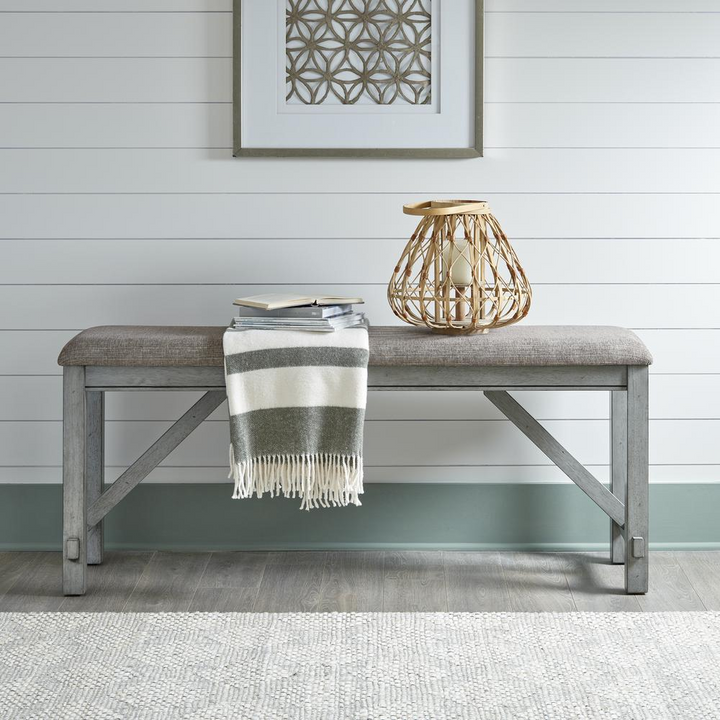 Boho Aesthetic Saint-Denis | Grey Modern Farmhouse Upholstered Bench Seat | Biophilic Design Airbnb Decor Furniture 