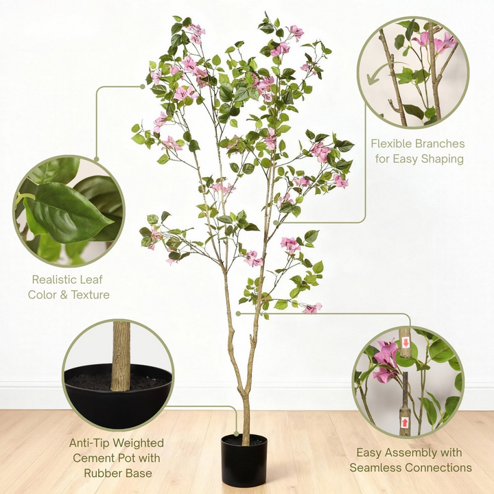 Buy farmhouse furniture Artificial Bougainvillea Tree with Black Pot | Faux Pink Flowering Indoor Plant | 72" Tall - Modern Cottage Farmhouse Furniture