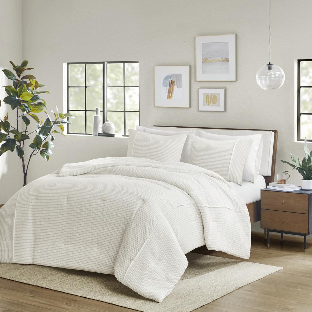 Boho Aesthetic 3 Piece Modern Elegant Striped Seersucker Oversized Queen Comforter | Biophilic Design Airbnb Decor Furniture 
