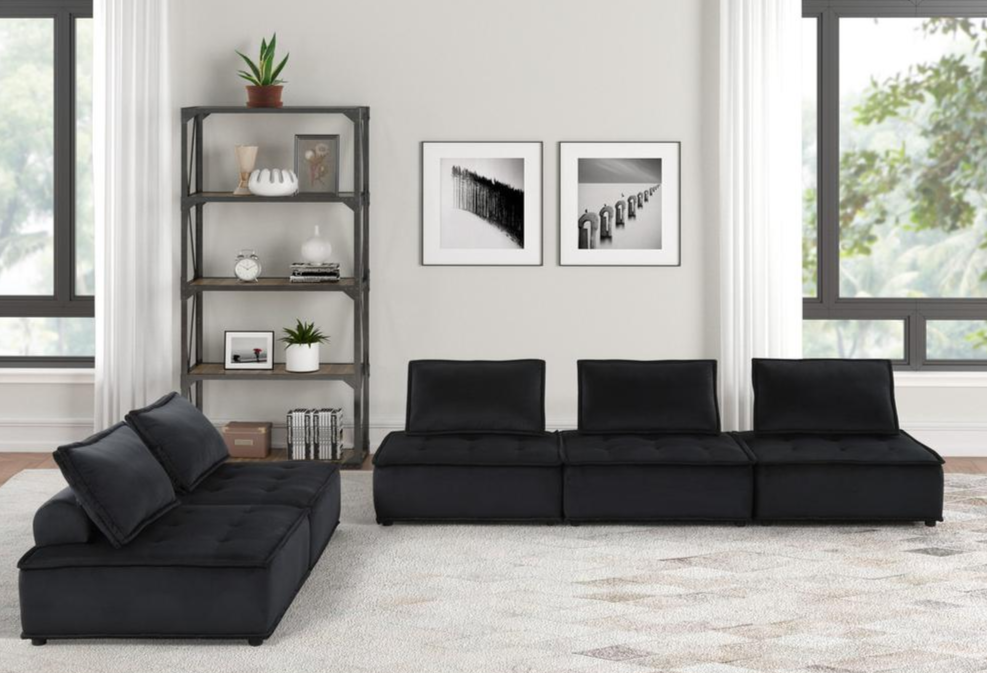 Boho Aesthetic Villefranche-sur-Saône | Modular Modern Velvet Black 5 Pc Sectional Sofa | Biophilic Design Airbnb Decor Furniture 