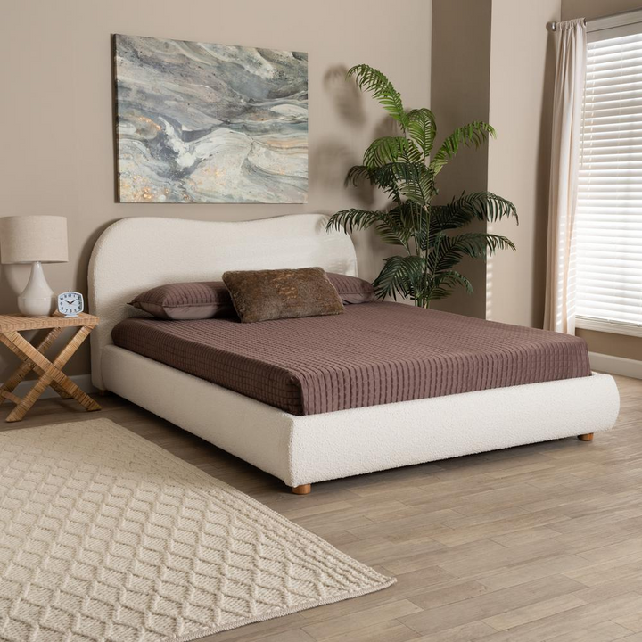 Boho Aesthetic Cream Boucle Fabric and Oak Brown Finished Wood Queen Size Platform Bed | Biophilic Design Airbnb Decor Furniture 