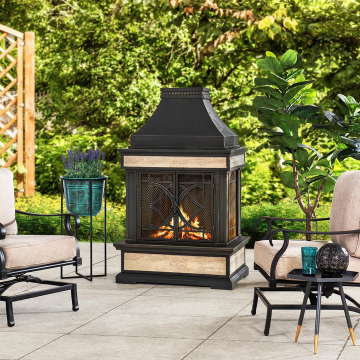 Buy farmhouse furniture Sunjoy Heirloom Slate Wood Burning Fireplace - Black - Modern Cottage Farmhouse Furniture