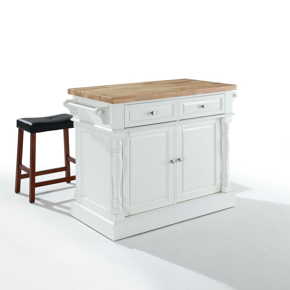 Boho Aesthetic Oxford Kitchen Island W/Upholstered Saddle Stools White - Kitchen Island, 2 Counter Height Bar Stools | Biophilic Design Airbnb Decor Furniture 