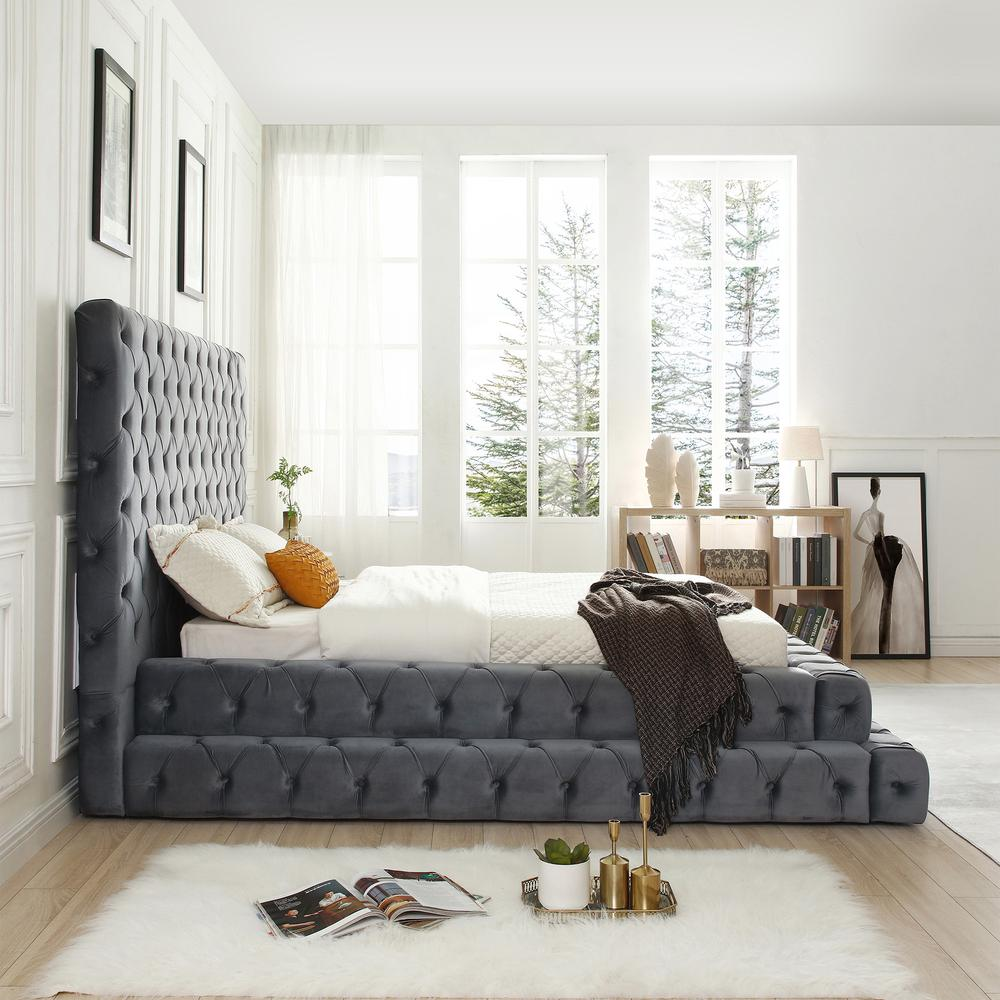 Boho Aesthetic Velvet King Bed with Deep Button Tufting in Gray | Biophilic Design Airbnb Decor Furniture 