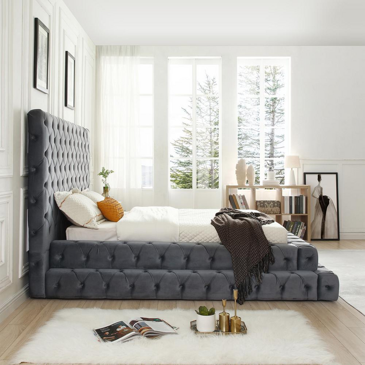 Boho Aesthetic Velvet King Bed with Deep Button Tufting in Gray | Biophilic Design Airbnb Decor Furniture 