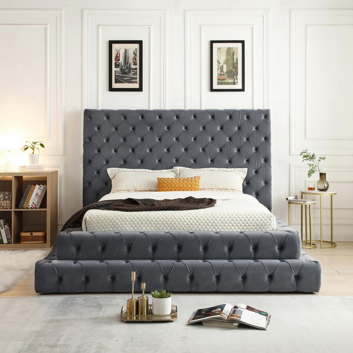 Boho Aesthetic Velvet King Bed with Deep Button Tufting in Gray | Biophilic Design Airbnb Decor Furniture 