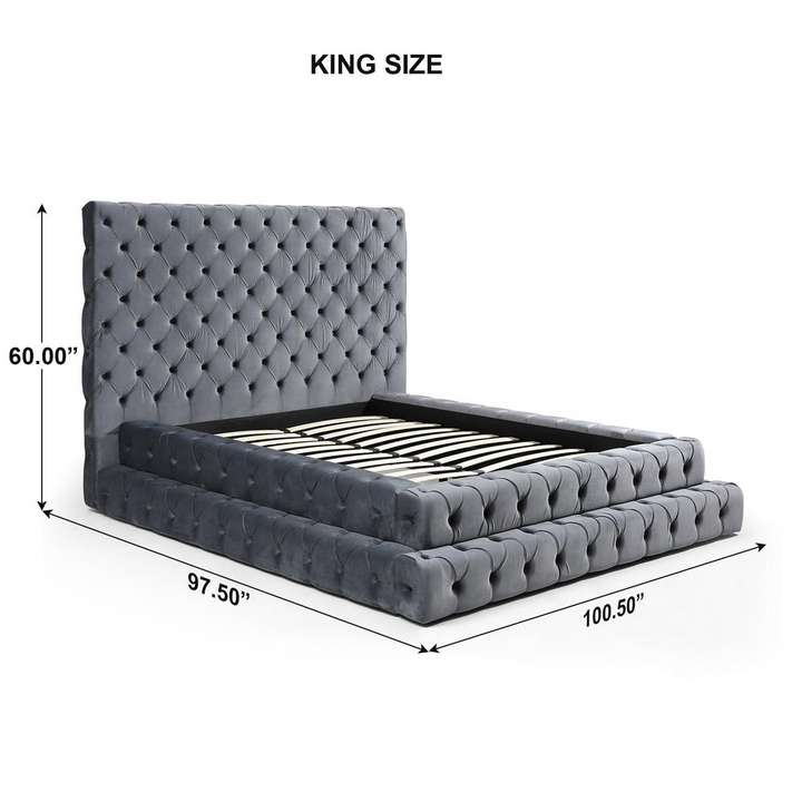 Boho Aesthetic Velvet King Bed with Deep Button Tufting in Gray | Biophilic Design Airbnb Decor Furniture 