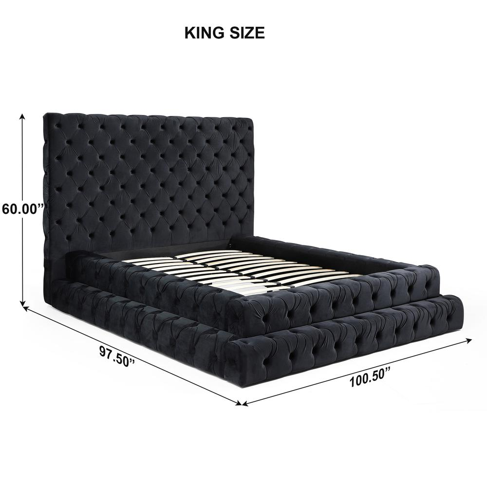 Boho Aesthetic Velvet King Bed with Deep Button Tufting in Black | Biophilic Design Airbnb Decor Furniture 