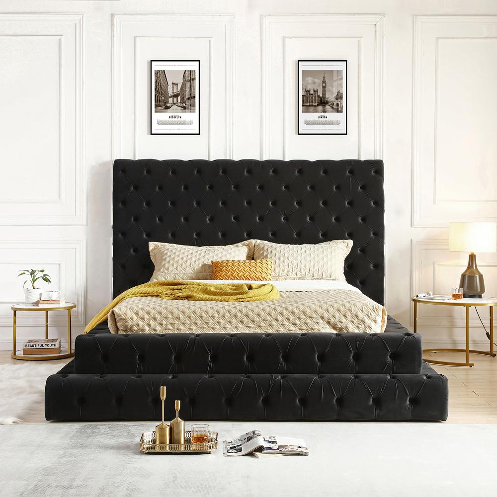Boho Aesthetic Velvet King Bed with Deep Button Tufting in Black | Biophilic Design Airbnb Decor Furniture 