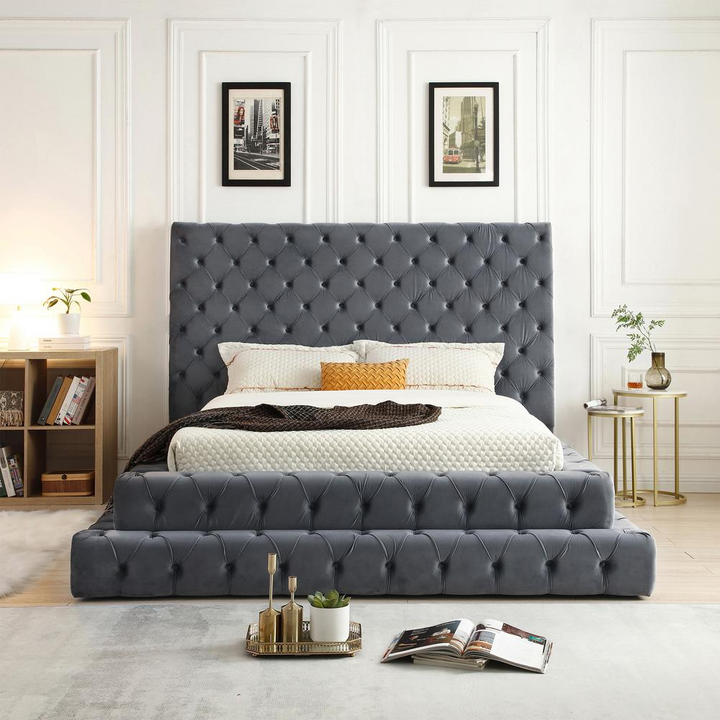 Boho Aesthetic Velvet Queen Bed with Deep Button Tufting in Gray | Biophilic Design Airbnb Decor Furniture 