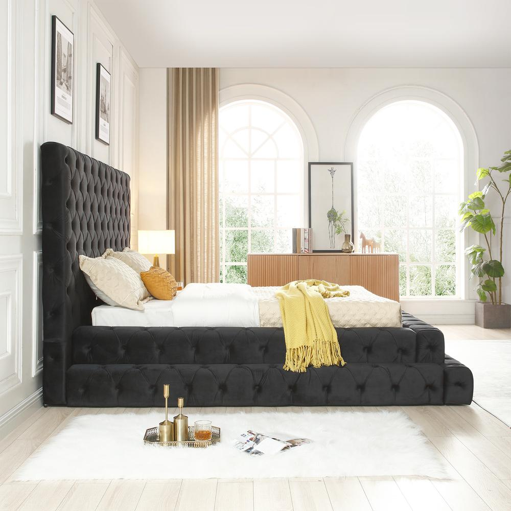 Boho Aesthetic Velvet Queen Bed with Deep Button Tufting in Black | Biophilic Design Airbnb Decor Furniture 