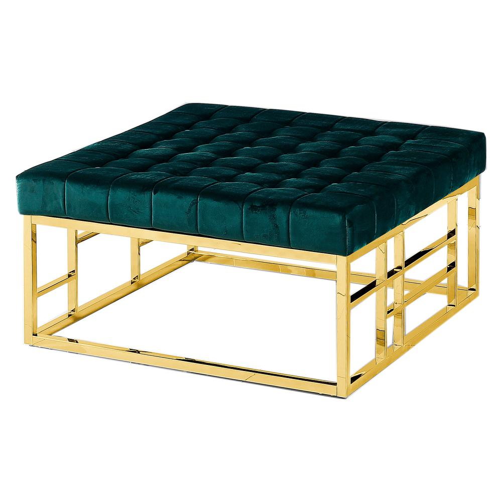 Boho Aesthetic Large Emerald Square Modern Gold Plated Accent Green Ottoman Footrest bench | Biophilic Design Airbnb Decor Furniture 