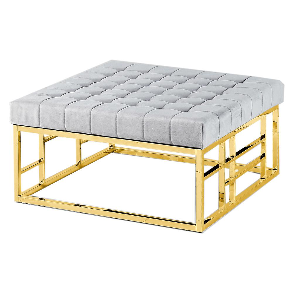 Boho Aesthetic Large Square Modern Gold Plated Accent Grey Ottoman Footrest Bench | Biophilic Design Airbnb Decor Furniture 